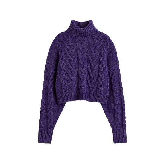 H&M Women's Size XS Purple Pullover Cableknit T-Neck Wool Turtleneck Sweater NWT - Picture 1 of 7